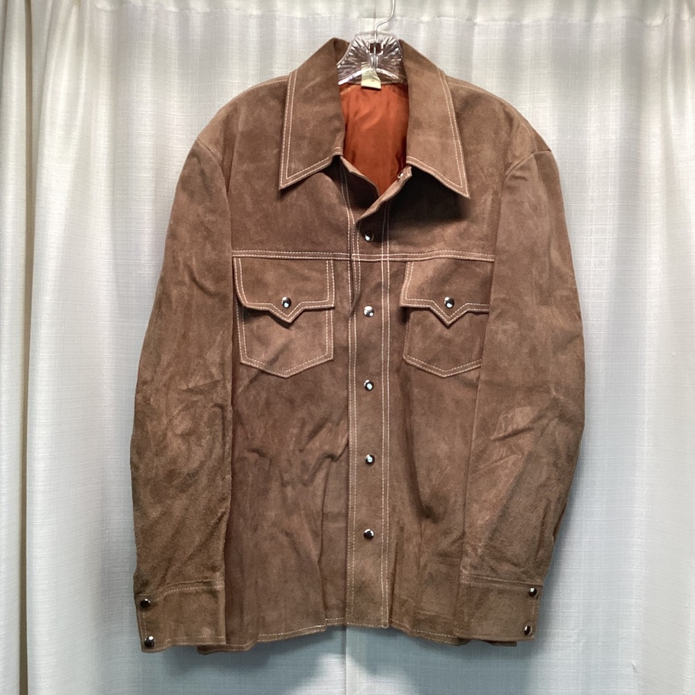 Vintage Brown Suede Western Trucker Jacket Men 44 Genuine Leather Snap Front